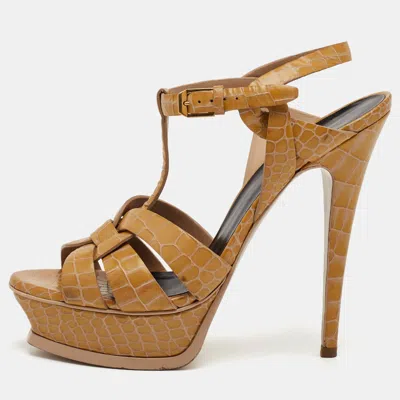 Pre-owned Saint Laurent Tribute Size 38 Beige Croc Embossed Leather Platform Sandals