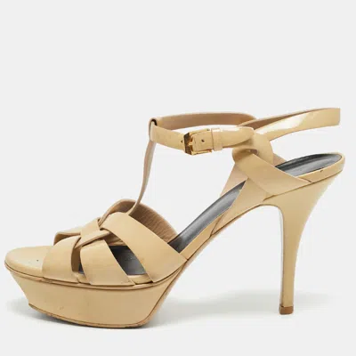 Pre-owned Saint Laurent Tribute Size 38 Beige Patent Leather Platform Sandals