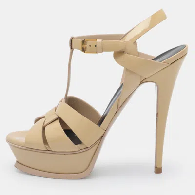 Pre-owned Saint Laurent Tribute Size 38 Beige Patent Leather Platform Sandals