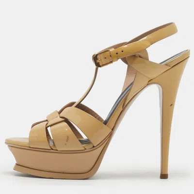 Pre-owned Saint Laurent Tribute Size 38 Beige Patent Leather Platform Sandals