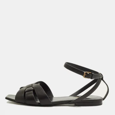 Pre-owned Saint Laurent Tribute Size 38 Black Leather Ankle Strap Flat Sandals