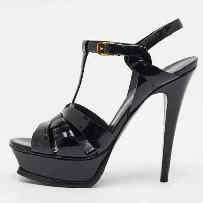Pre-owned Saint Laurent Tribute Size 38 Black Patent Leather Platform Sandals