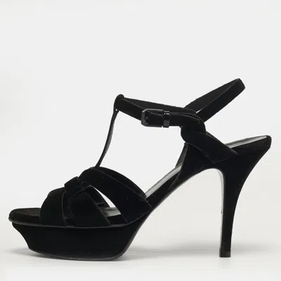 Pre-owned Saint Laurent Tribute Size 38 Black Velvet Platform Sandals
