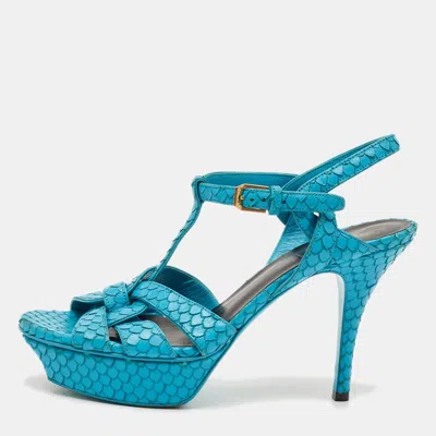 Pre-owned Saint Laurent Tribute Size 38 Blue Python Embossed Leather Platform Sandals