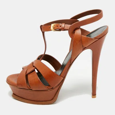 Pre-owned Saint Laurent Tribute Size 38 Brown Leather Platform Sandals