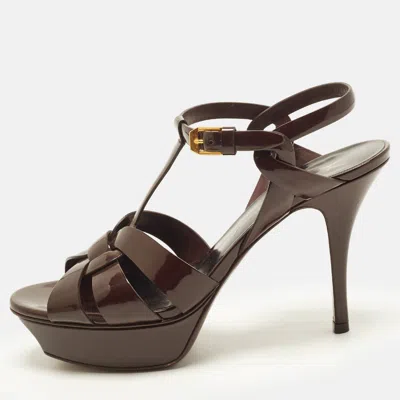 Pre-owned Saint Laurent Tribute Size 38 Burgundy Patent Leather Platform Sandals