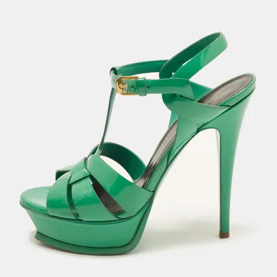 Pre-owned Saint Laurent Tribute Size 38 Green Patent Leather Platform Sandals