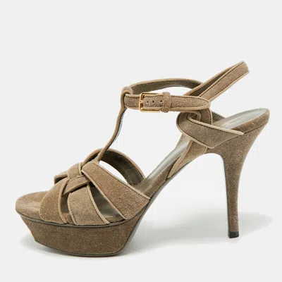 Pre-owned Saint Laurent Tribute Size 38 Grey Texture Suede Platform Sandals In Gray