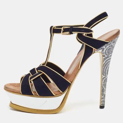 Pre-owned Saint Laurent Tribute Size 38 Multicolor Leather And Suede Platform Sandals