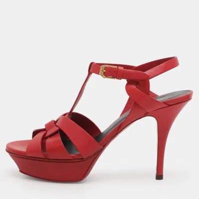 Pre-owned Saint Laurent Tribute Size 38 Red Leather Platform Ankle Strap Sandals