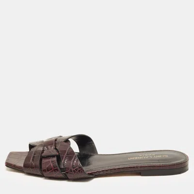 Pre-owned Saint Laurent Tribute Size 38 Two Tone Croc Embossed Leather Flat Slide In Purple