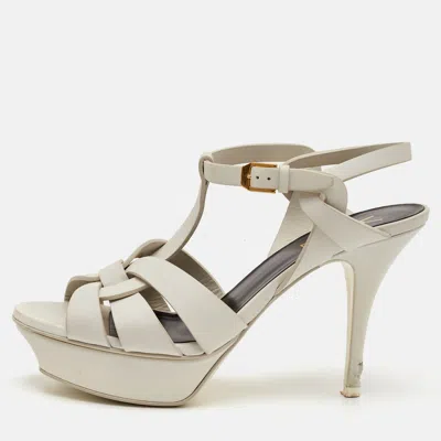 Pre-owned Saint Laurent Tribute Size 38 White Leather Platform Sandals