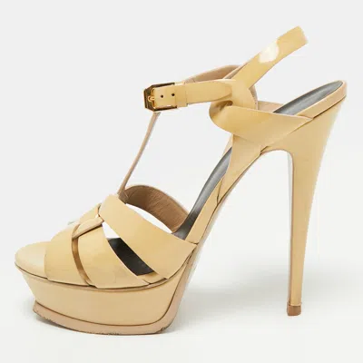 Pre-owned Saint Laurent Tribute Size 38.5 Beige Patent Leather Platform Sandals