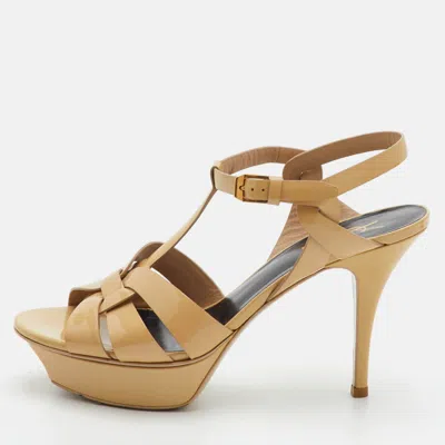Pre-owned Saint Laurent Tribute Size 38.5 Beige Patent Leather Platform Sandals