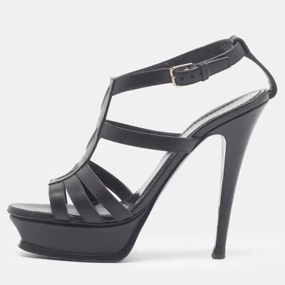 Pre-owned Saint Laurent Tribute Size 38.5 Black Leather Platform Sandals