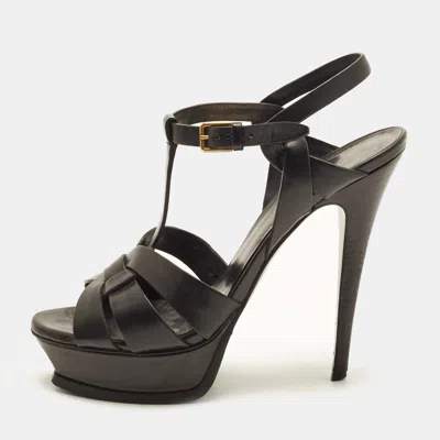 Pre-owned Saint Laurent Tribute Size 38.5 Black Leather Platform Sandals