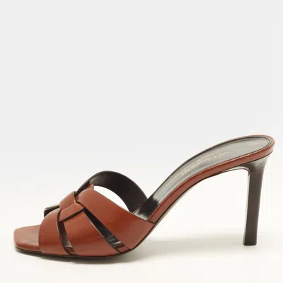 Pre-owned Saint Laurent Tribute Size 38.5 Brown Leather Slide Sandals