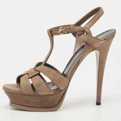 Pre-owned Saint Laurent Tribute Size 38.5 Brown Suede Platform Sandals