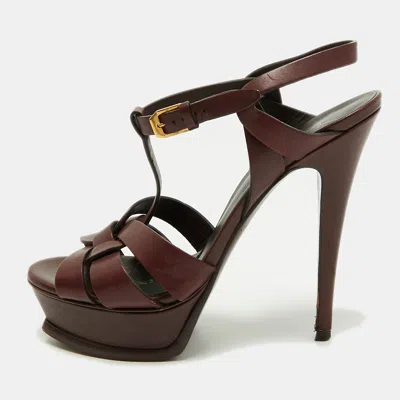 Pre-owned Saint Laurent Tribute Size 38.5 Burgundy Leather Platform Sandals