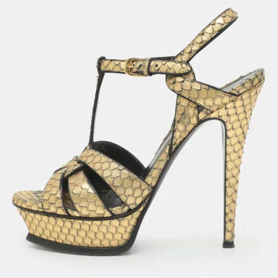 Pre-owned Saint Laurent Tribute Size 38.5 Gold Python Embossed Leather Platform Sandals