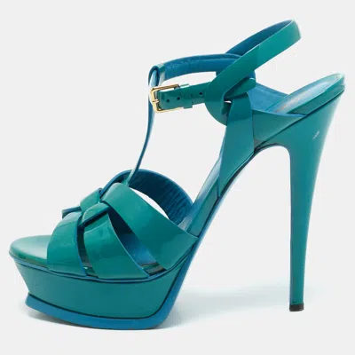 Pre-owned Saint Laurent Tribute Size 38.5 Green Patent Leather Platform Sandals