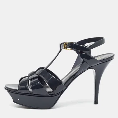 Pre-owned Saint Laurent Tribute Size 38.5 Navy Blue Patent Leather Platform Sandals