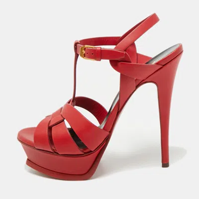 Pre-owned Saint Laurent Tribute Size 38.5 Red Leather Platform Sandals