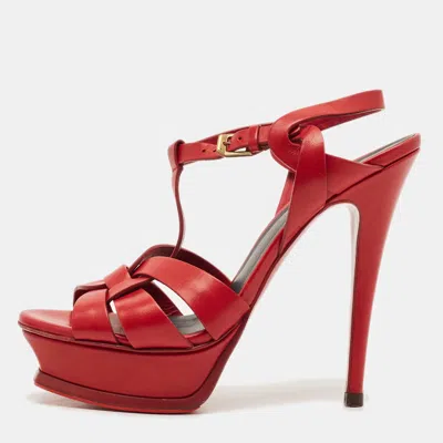 Pre-owned Saint Laurent Tribute Size 38.5 Red Leather Platform Sandals