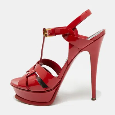 Pre-owned Saint Laurent Tribute Size 38.5 Red Patent Leather Platform Sandals