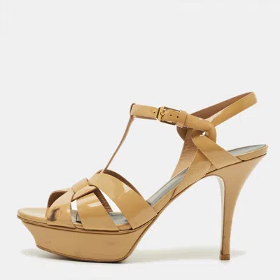 Pre-owned Saint Laurent Tribute Size 39 Beige Patent Leather Ankle Strap Sandals
