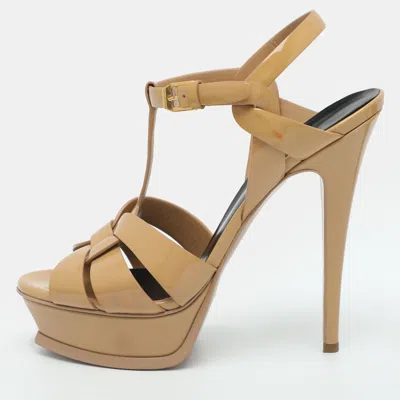 Pre-owned Saint Laurent Tribute Size 39 Beige Patent Leather Platform Sandals