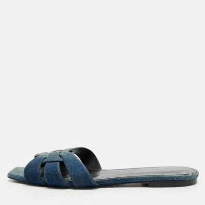 Pre-owned Saint Laurent Tribute Size 39 Blue Denim Flat Slides
