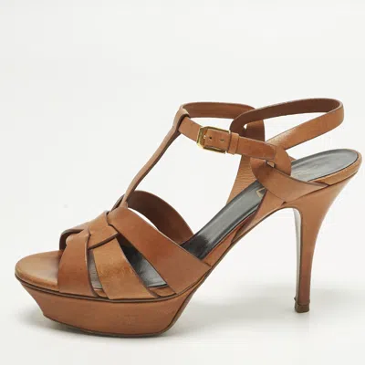 Pre-owned Saint Laurent Tribute Size 39 Brown Leather Ankle Strap Sandals