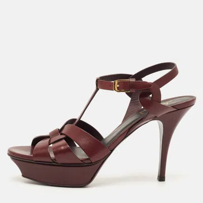 Pre-owned Saint Laurent Tribute Size 39 Burgundy Leather Ankle Strap Sandals