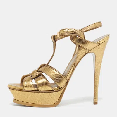 Pre-owned Saint Laurent Tribute Size 39 Gold Lizard Embossed Leather Platform Sandals