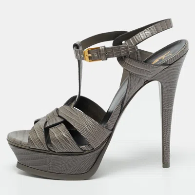 Pre-owned Saint Laurent Tribute Size 39 Grey Lizard Embossed Leather Platform Sandals In Gray