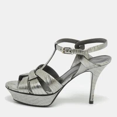 Pre-owned Saint Laurent Tribute Size 39 Metallic Silver Lizard Embossed Leather Platform Sandals