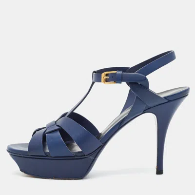 Pre-owned Saint Laurent Tribute Size 39 Navy Blue Leather Platform Sandals