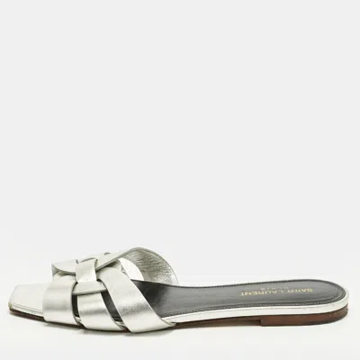 Pre-owned Saint Laurent Tribute Size 39 Silver Leather Flat Slide