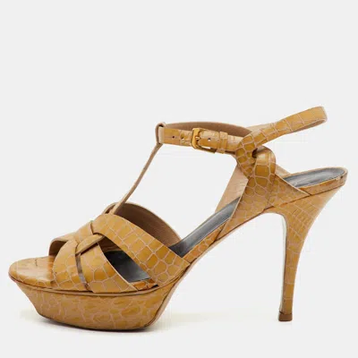 Pre-owned Saint Laurent Tribute Size 39.5 Beige Croc Embossed Leather Platform Sandals