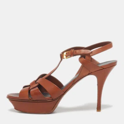Pre-owned Saint Laurent Tribute Size 39.5 Brown Leather Ankle Strap Sandals