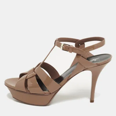 Pre-owned Saint Laurent Tribute Size 39.5 Brown Patent Leather Platform Sandals
