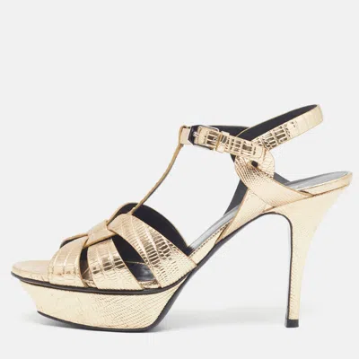 Pre-owned Saint Laurent Tribute Size 39.5 Gold Lizard Embossed Leather Platform Sandals