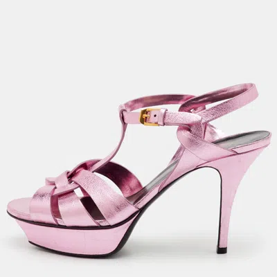Pre-owned Saint Laurent Tribute Size 39.5 Metallic Pink Leather Platform Sandals