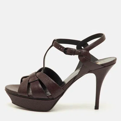 Pre-owned Saint Laurent Tribute Size 40 Burgundy Embossed Leather Platform Sandals