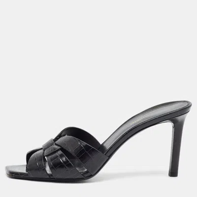 Pre-owned Saint Laurent Tribute Size 40.5 Black Croc Embossed Leather Slide Sandals