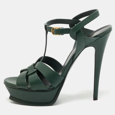 Pre-owned Saint Laurent Tribute Size 40.5 Green Leather Platform Sandals