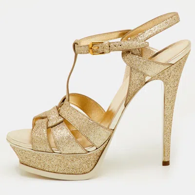 Pre-owned Saint Laurent Tribute Size 40.5 Metallic Gold Glitter Platform Sandals