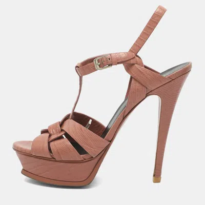 Pre-owned Saint Laurent Tribute Size 40.5 Pink Lizard Embossed Leather Platform Sandals