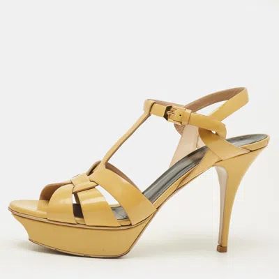 Pre-owned Saint Laurent Tribute Size 41 Beige Patent Leather Platform Sandals